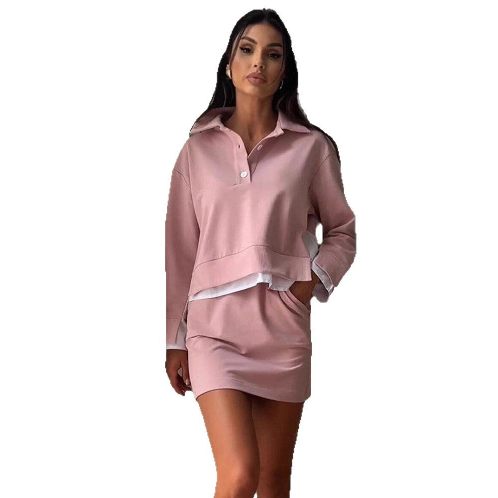 Women's Casual Two-Piece Sweatset with Shirt Collar, Cropped Pullover and High-Waist Bike Shorts Chichicherry
