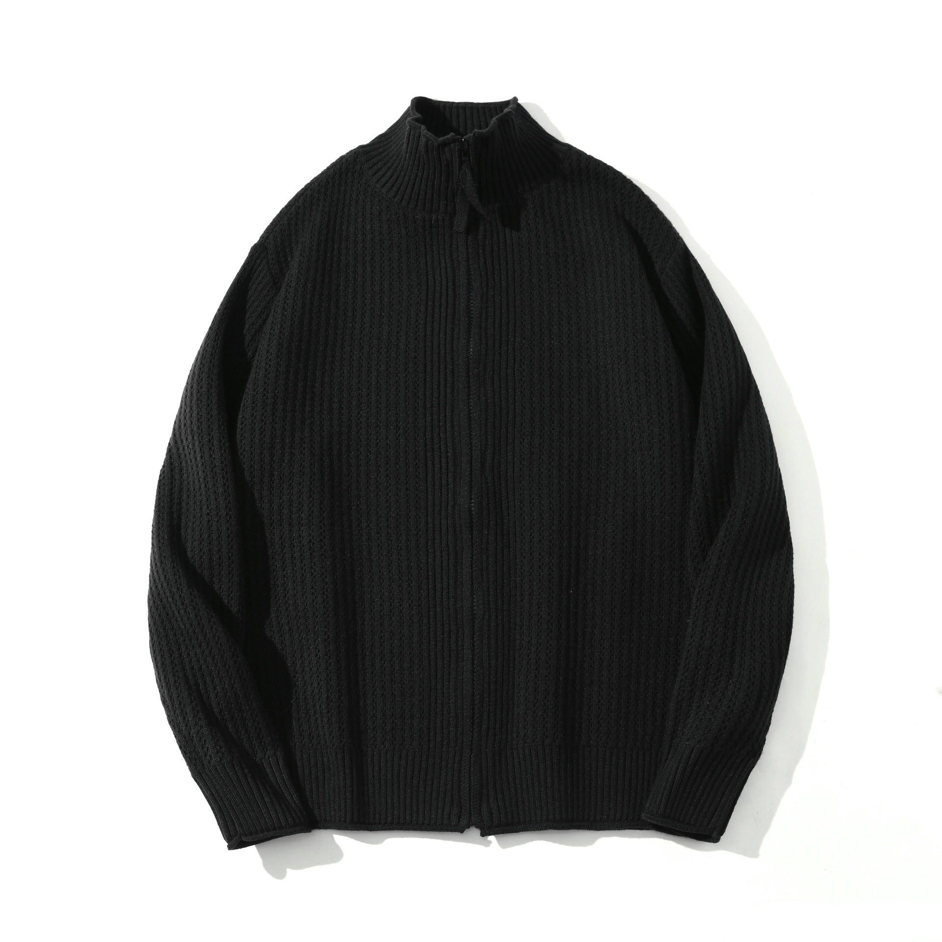 Unisex Structured Zip Sweater with High Ribbed Collar and Purl Pattern Chichicherry