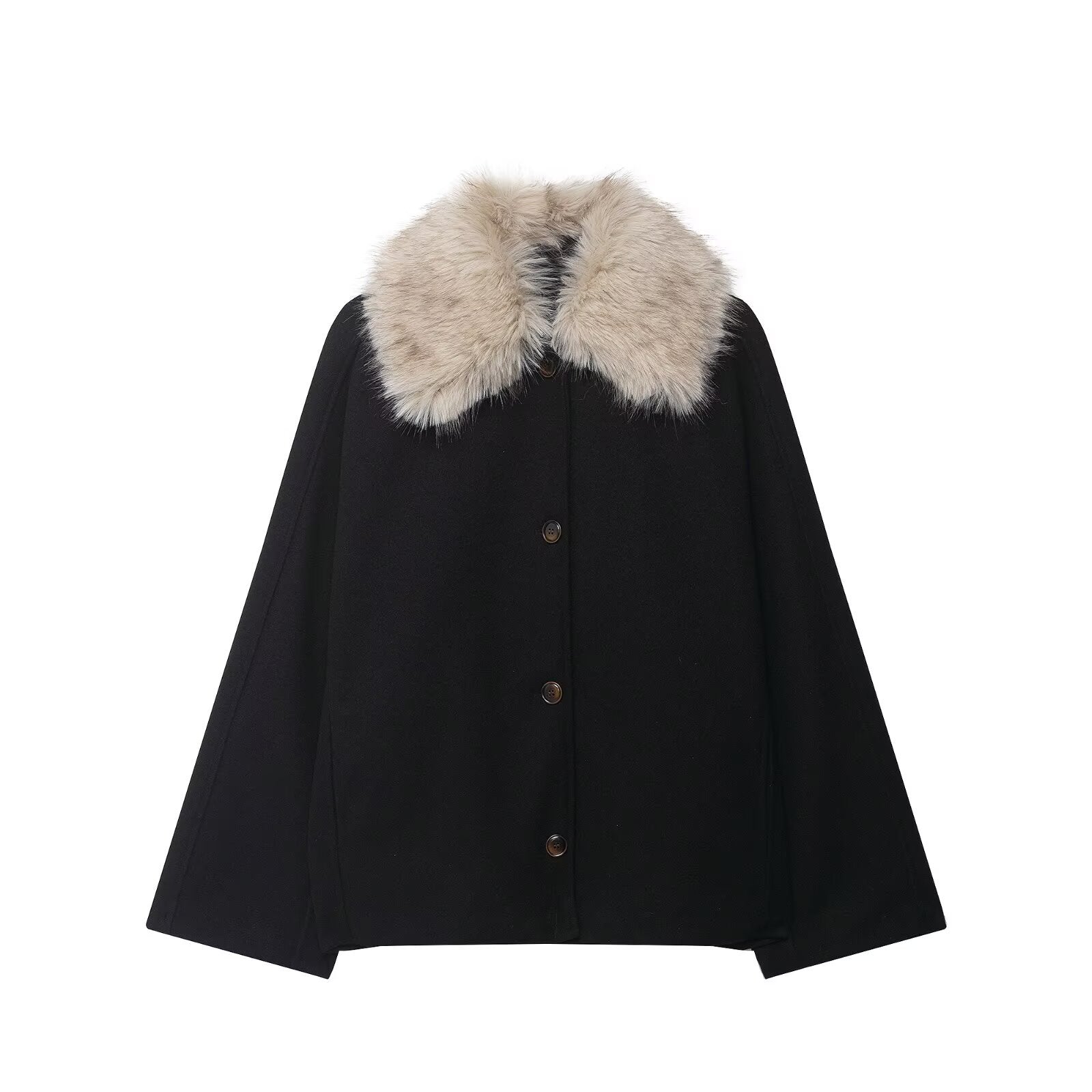 Women's wool cape with removable faux fur collar and concealed button placket Chichicherry