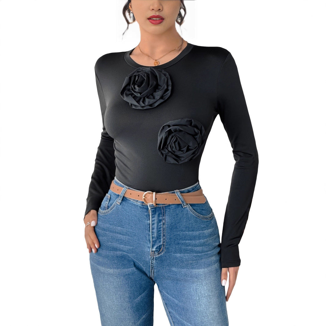 Women's Figure-hugging Long Sleeve Bodysuit with Three-dimensional Rose Appliqués Chichicherry