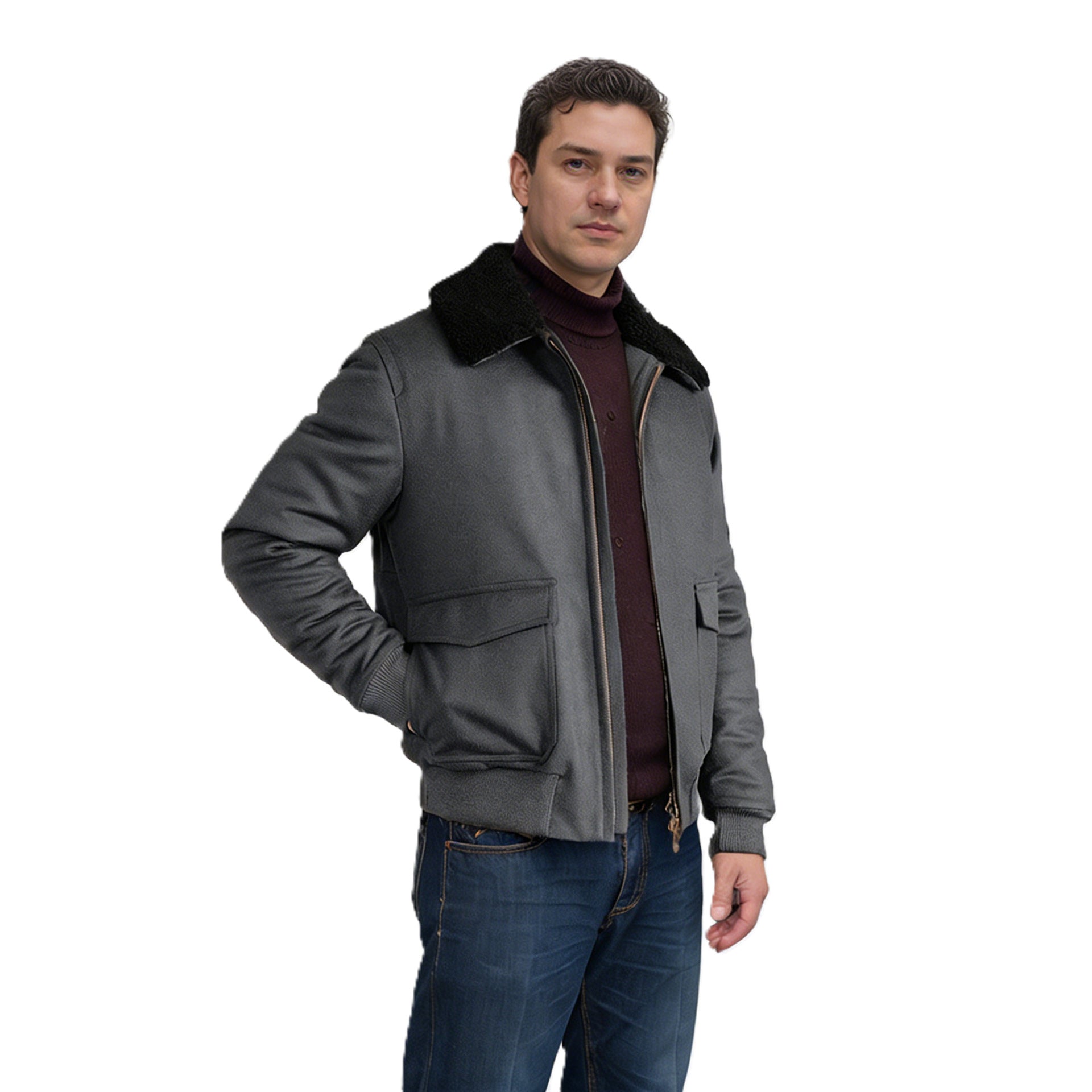 Men's Short Bomber Jacket with Teddy Collar, Cargo Flap Pockets and Zipper Chichicherry