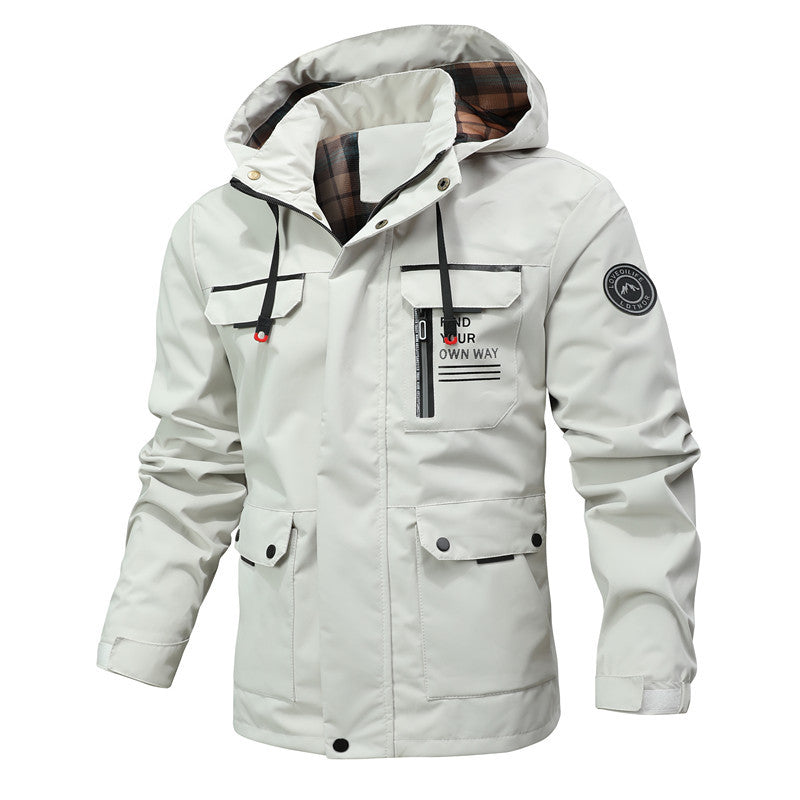 Men's functional jacket with hood, utility pockets and checkered lining Chichicherry