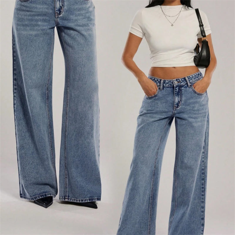 Women's High-Waisted Denim Pants with Extra Wide Leg and Clean Vintage Wash Chichicherry