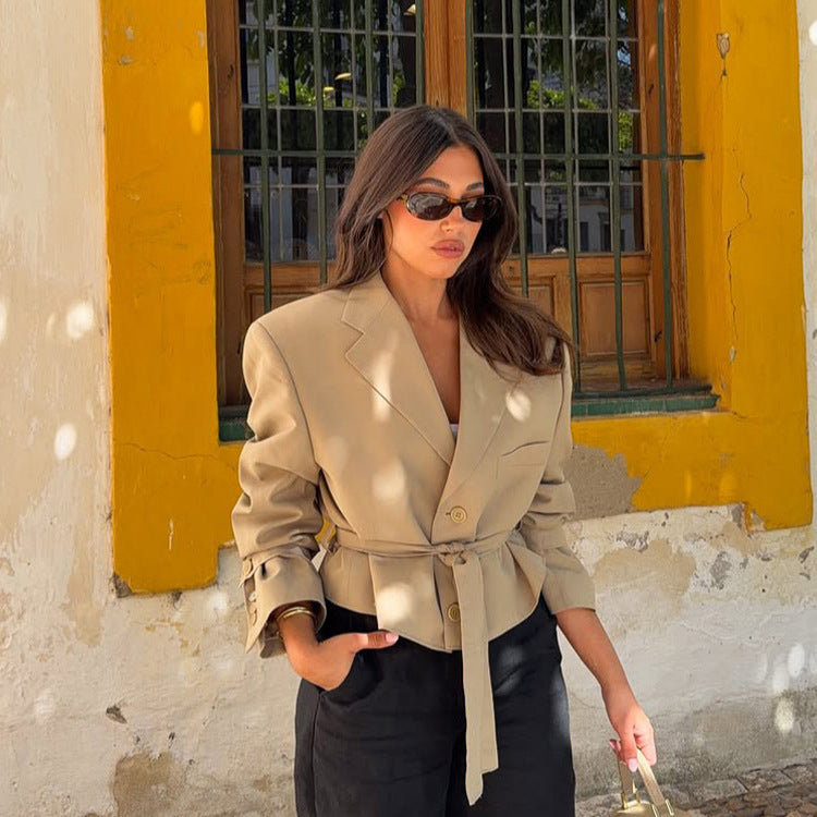Women's Tailored Cropped Blazer with Belt and Remarkable Shoulder Area Chichicherry