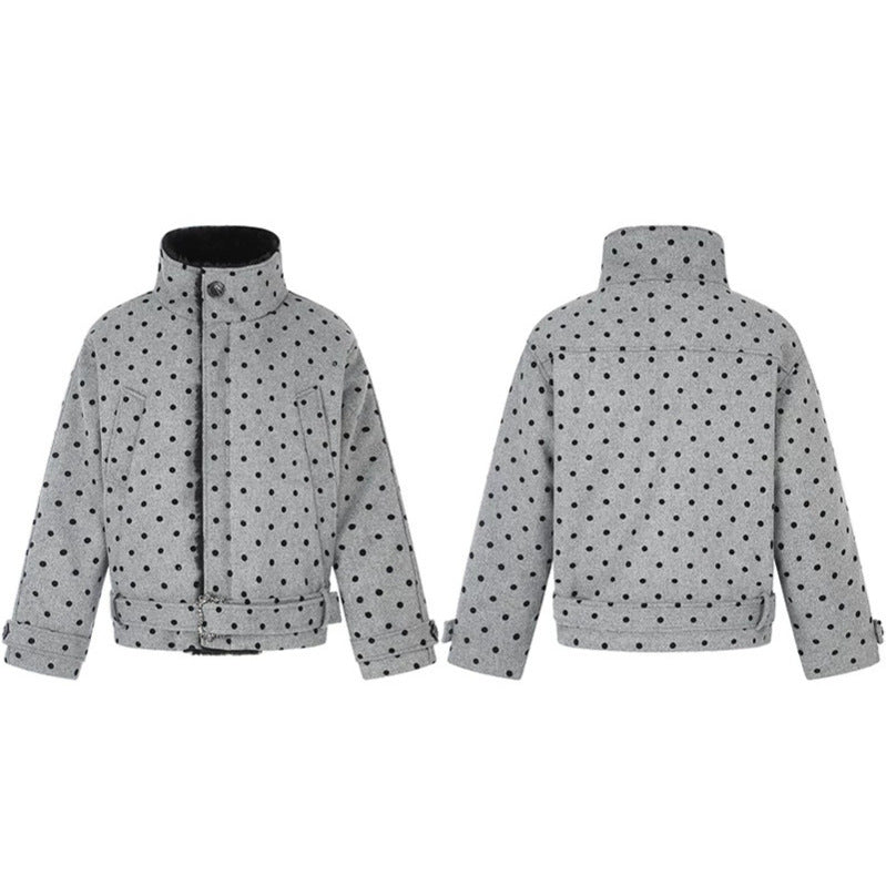Women's Short Cut Quilted Jacket with Stand-up Collar and Waist Belt Chichicherry