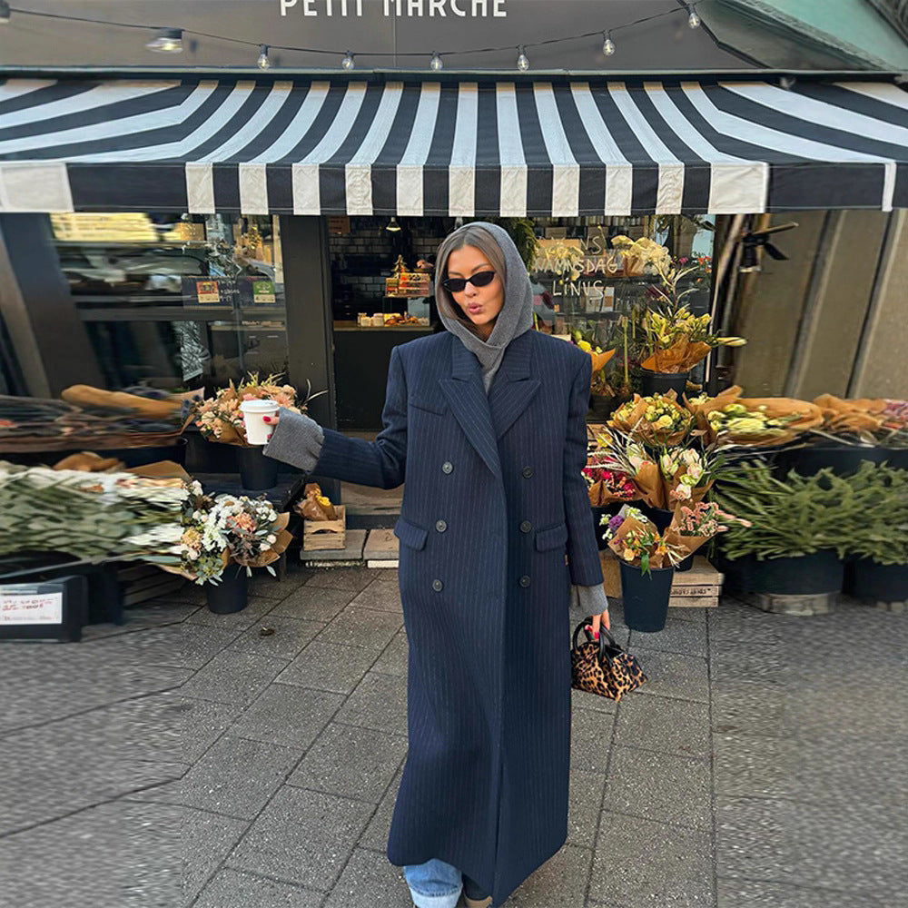 Women Long Cut Double Breasted Pinstripe Coat with Notch Collar Chichicherry