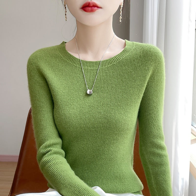 Women's Tailored Round Neck Sweater in Fine Ribbed Cashmere Look Chichicherry