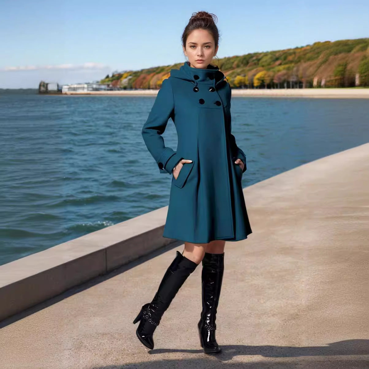 Women Tailored Wool Blend Coat with High Stand-Up Collar and A-Line Silhouette Chichicherry