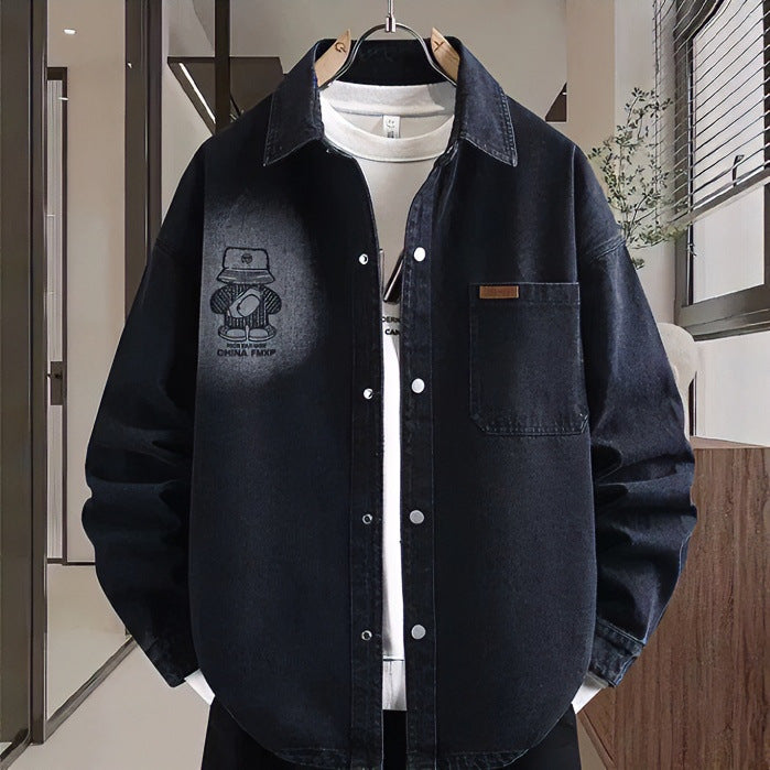 Herren Oversized Denim-Hemdjacke im Relaxed-Worker-Style mit Brusttasche und Druckknöpfen Chichicherry