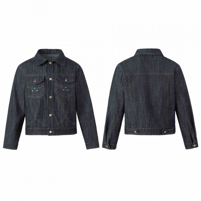 Unisex Short Cut Boxy Denim Jacket with Decorative Stitching and Turquoise Studs Chichicherry