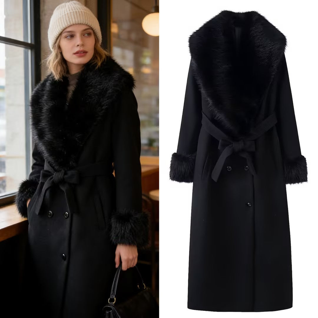 Women Longer Elegant Wool Blend Coat with Wide Faux Fur Collar, Belt and Fur Cuffs Chichicherry