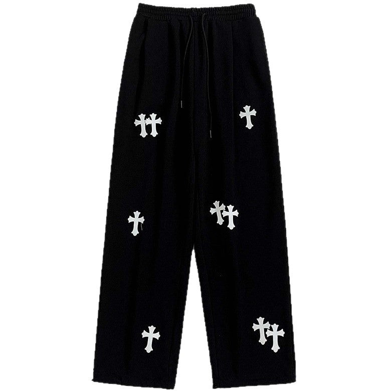 Men's wide cotton jogging pants with all-over cross print and elastic drawstring waistband Chichicherry