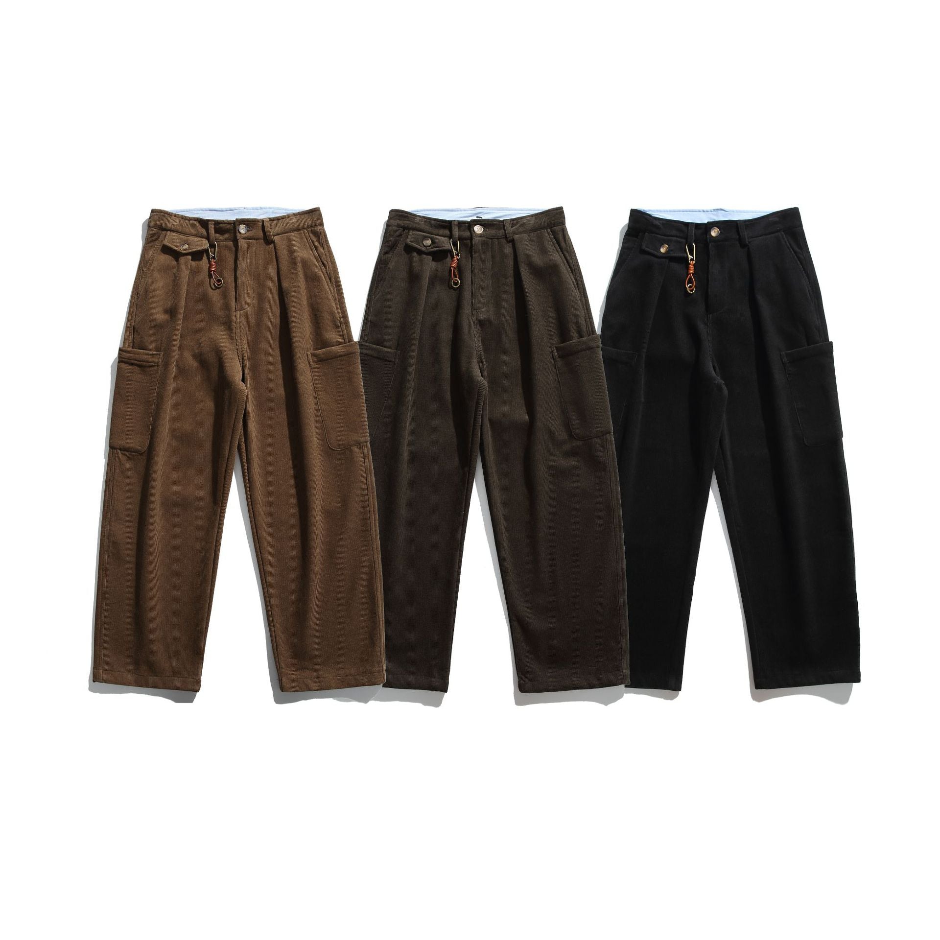 Men's Corduroy Cargo Pants with High Waist, Wide Leg and Flap Pockets Chichicherry