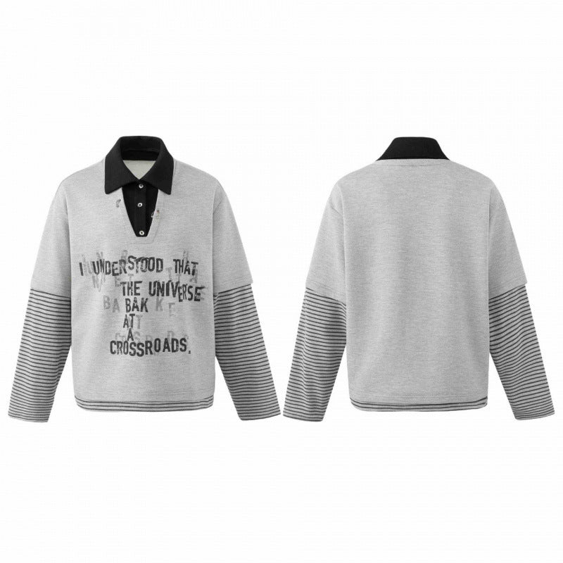 Unisex Oversize Sweatshirt with Layering Polo Collar, Striped Sleeves and Statement Print Chichicherry