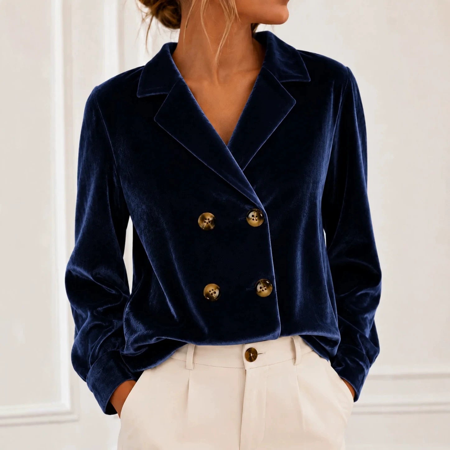 Women's Short-Cut Double-Breasted Velvet Blazer with Soft Buttons Chichicherry
