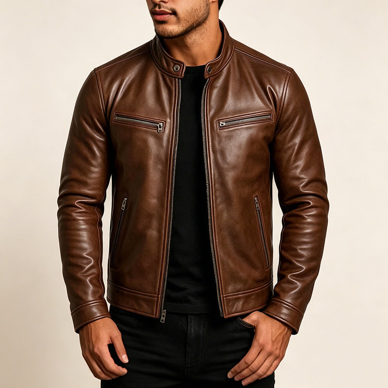 Men's Slim Fit Biker Leather Jacket made of Nappa Leather with Stand Collar and Zipper Chichicherry