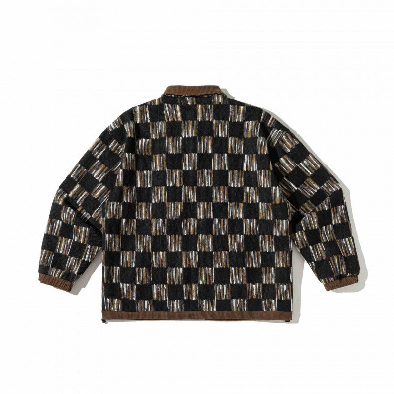 Unisex Boxy Overshirt Jacket with Cord Collar, Geometric Jacquard Pattern and Flap Pockets Chichicherry