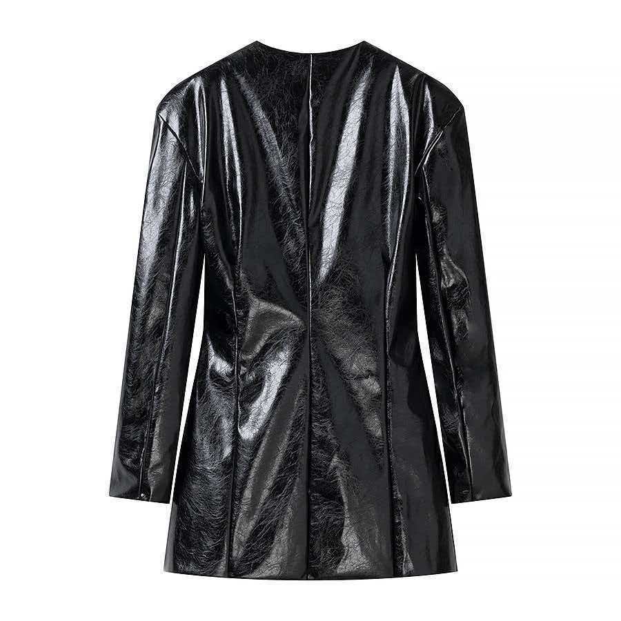 Ladies Long Patent Leather Blazer with Tailored Silhouette, Deep V-Neck and Decorative Buttons Chichicherry