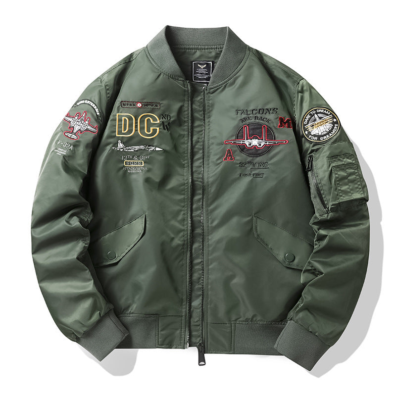 Men's pilot bomber jacket in vintage military style with embroidered flight patches and water-repellent nylon surface Chichicherry