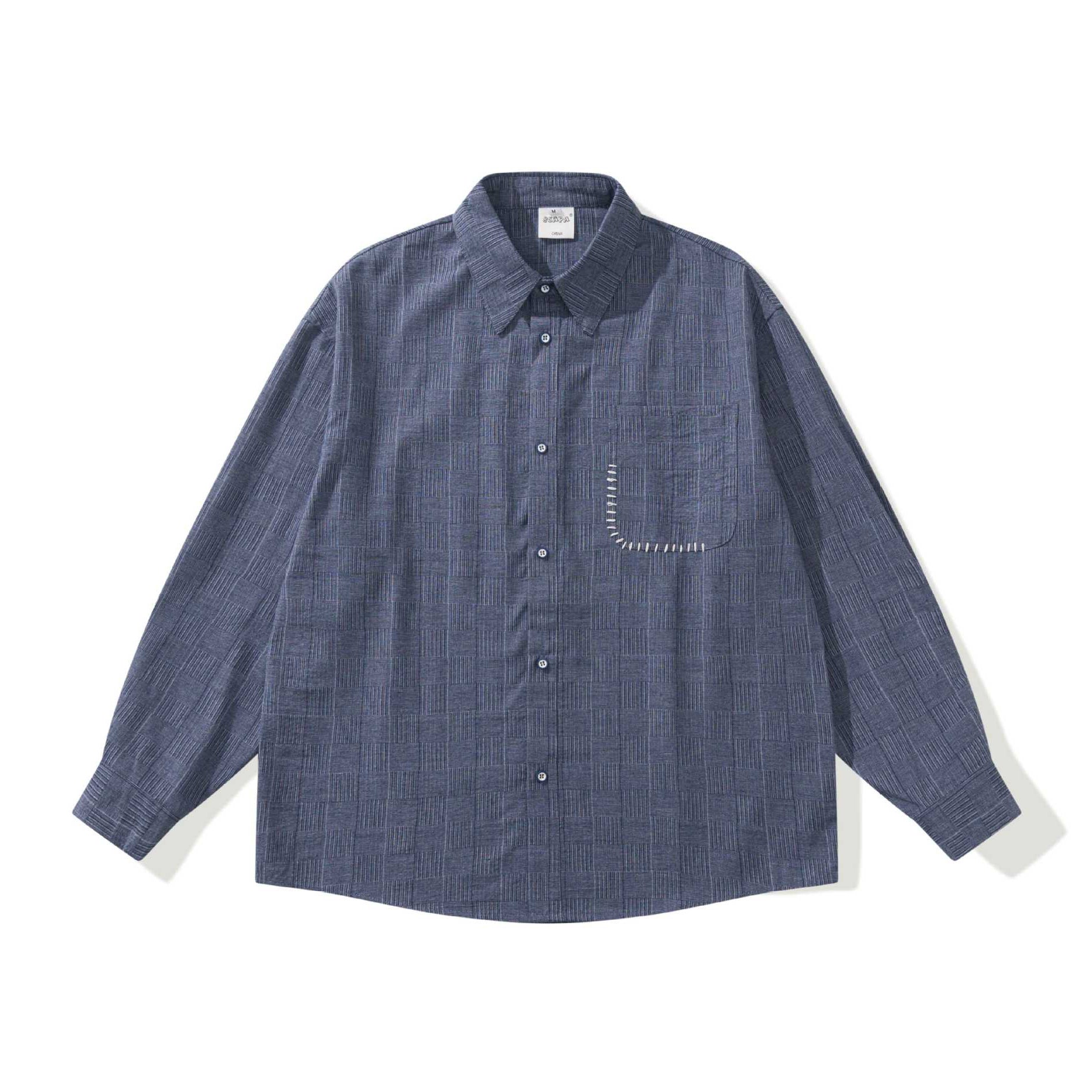 Men's Long Sleeve Oversized Shirt with Textured Check Pattern Look and Decorative Stitch Chichicherry