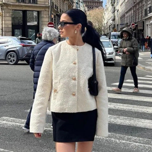 Women's Boucle Jacket with Gold-Embellished Buttons and Boxy Cropped Cut Chichicherry