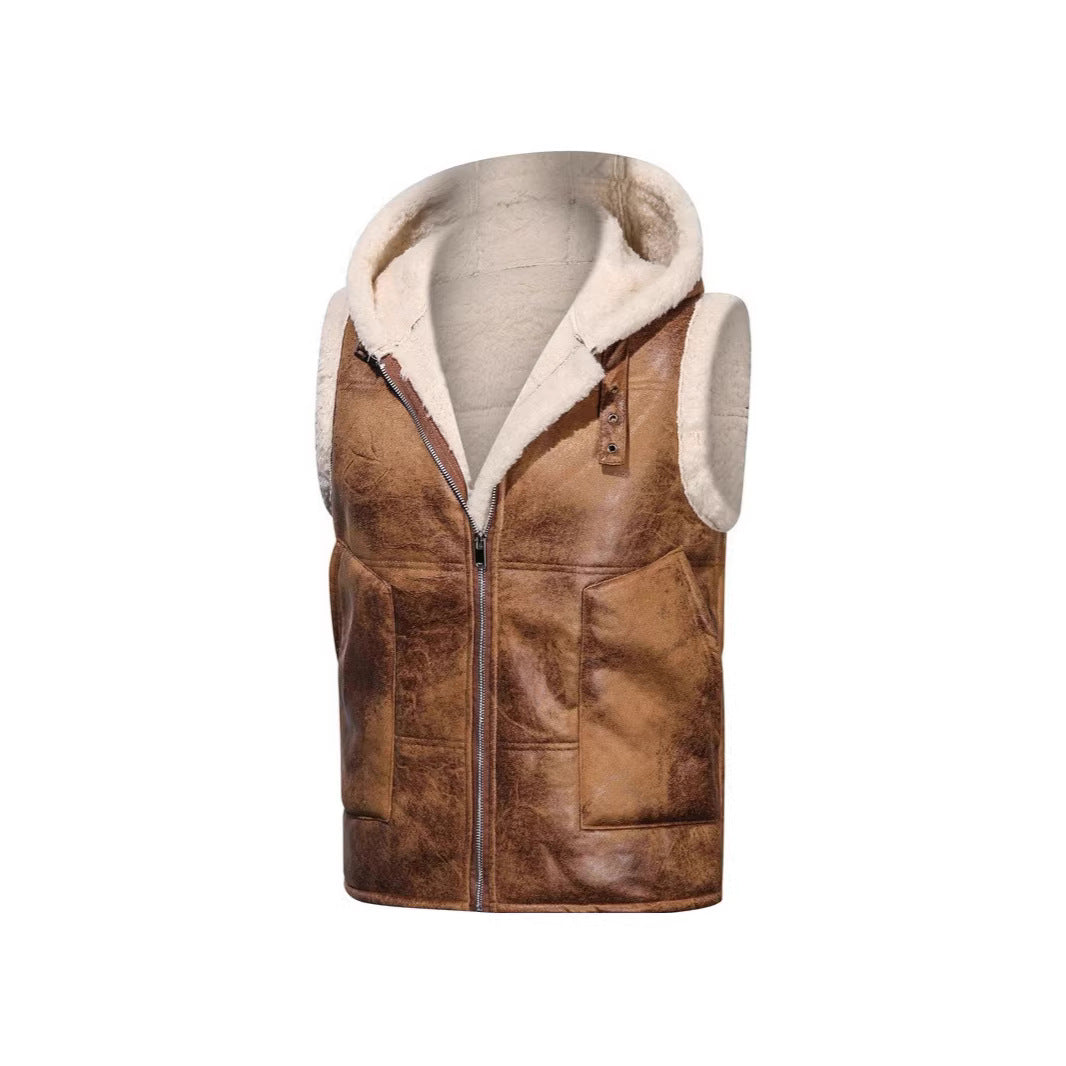 Men's hooded vest in lambskin look with teddy lining, zipper and large flap pockets Chichicherry