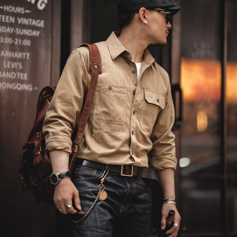 Herren Baumwoll‑Twill‑Worker‑Hemd mit Pattentaschen und kastiger Passform Chichicherry