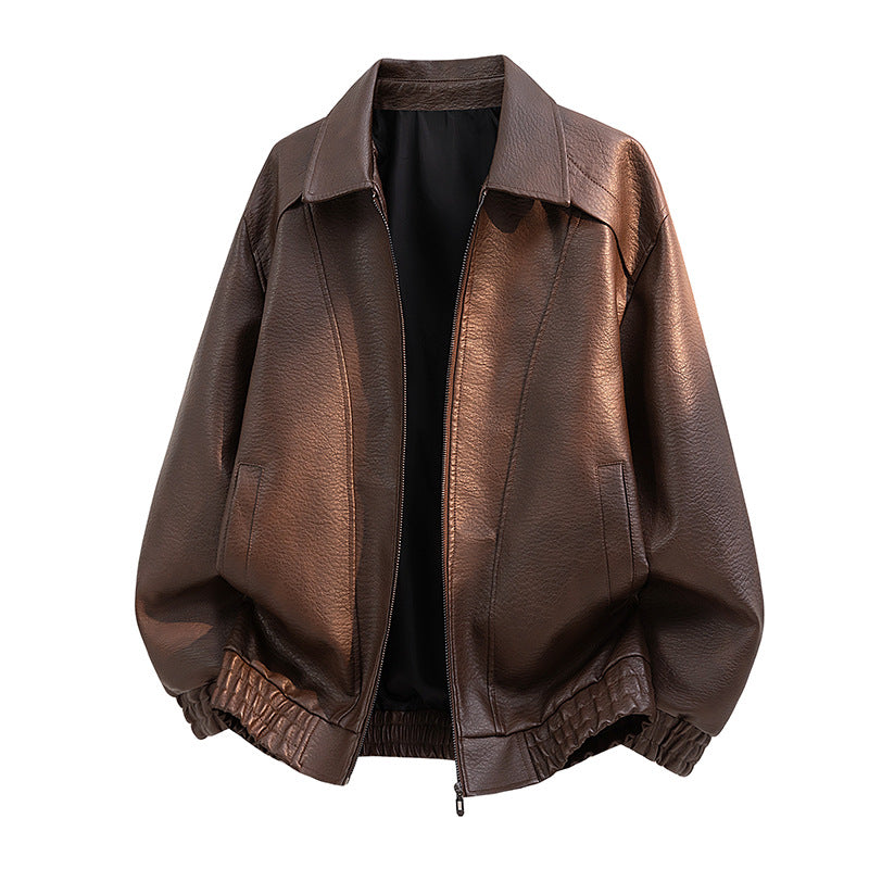 Men's leather bomber jacket in oversized style with elastic hem and zipper Chichicherry