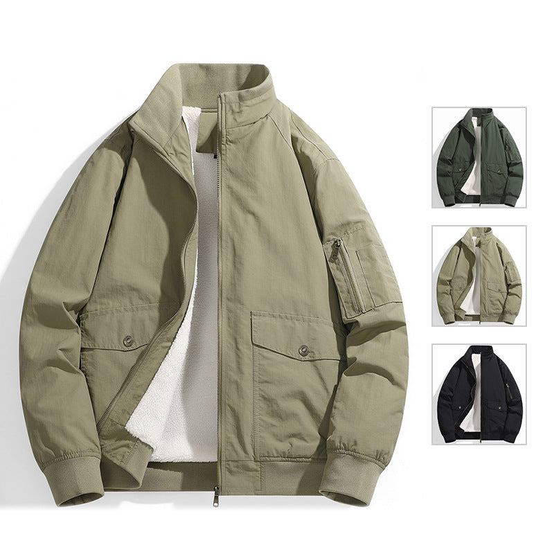 Men's Utility Flight Jacket with Teddy Lining, Stand Collar and Sleeve Pocket Chichicherry