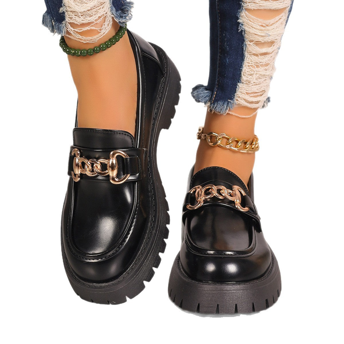 Women Chunky Platform Loafer with Metal Chain Detail and Profiled Rubber Sole Chichicherry