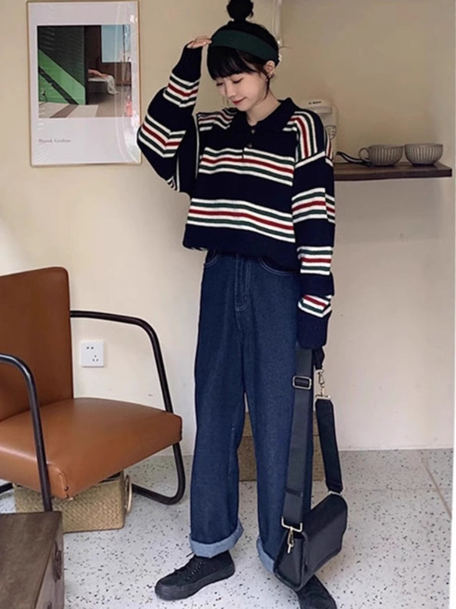 Women Oversized Polo Collar Knit Sweater with Maritime Block Stripes and Boxy Cropped Silhouette Chichicherry