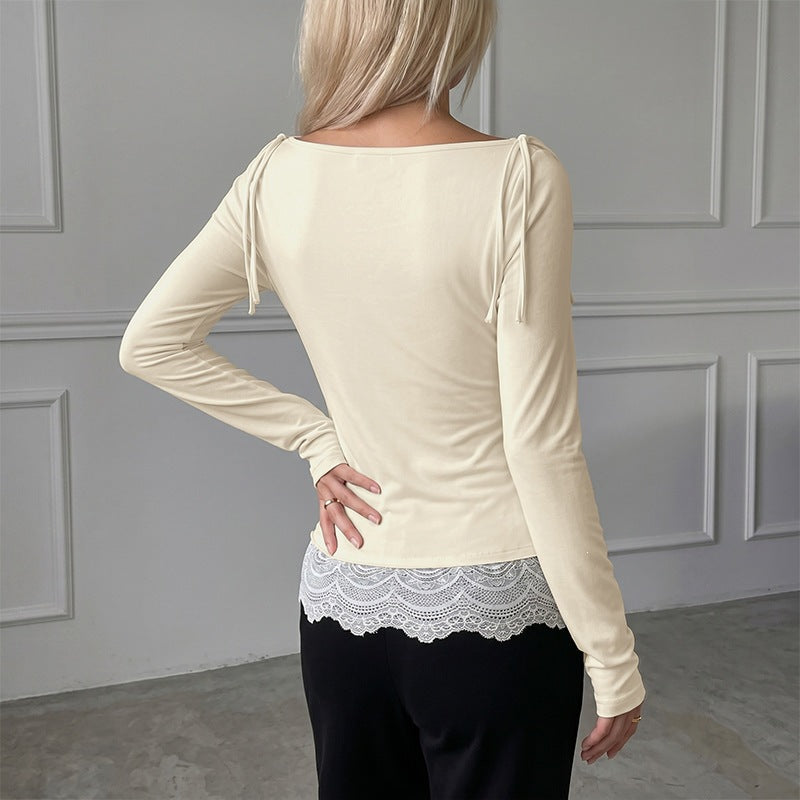 Women's Long Sleeve Top with Waterfall Neckline, Shoulder Straps and Lace Trim Chichicherry