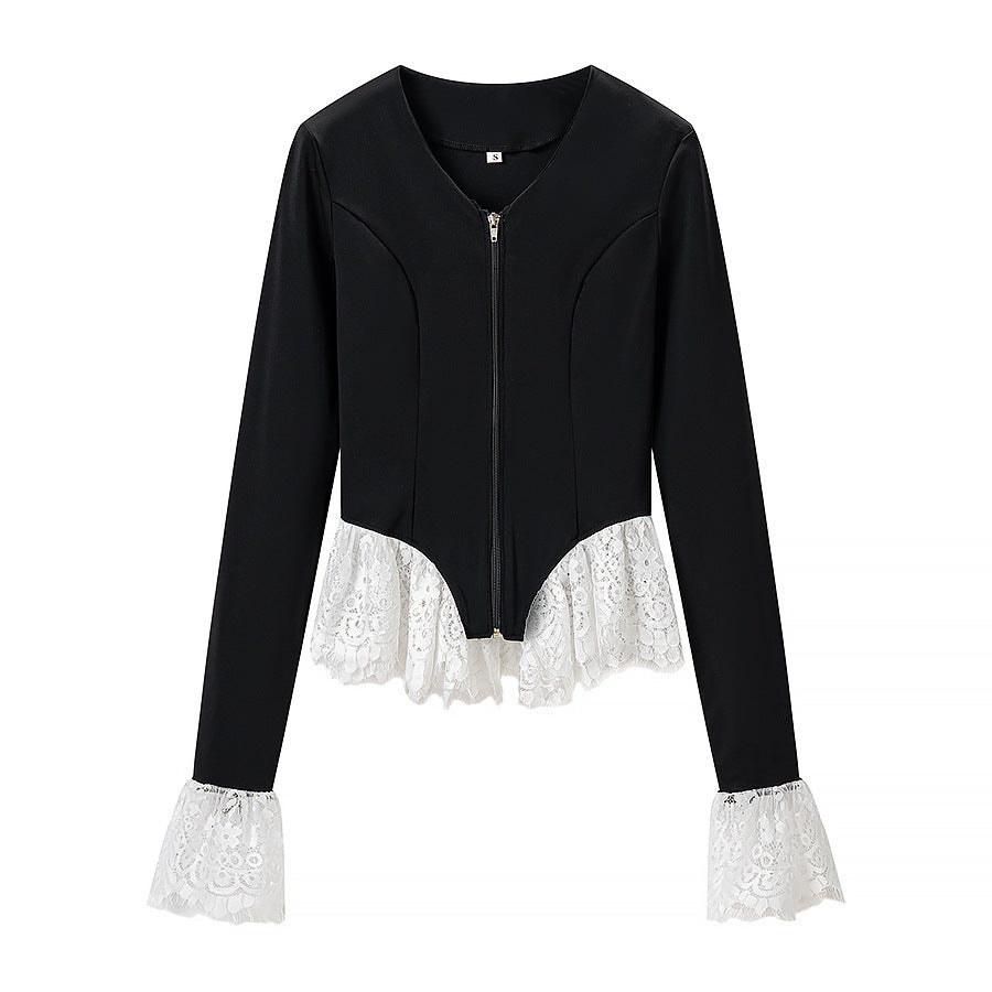 Women's Tailored Zip Jacket with Lace Ruffle at the Hem and Sleeve Cuff Chichicherry