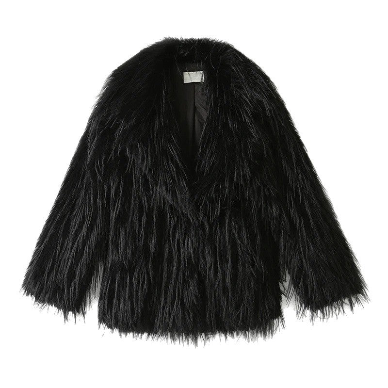 Women's Short Faux Fur Coat with Voluminous Shawl Collar and High Pile Look Chichicherry