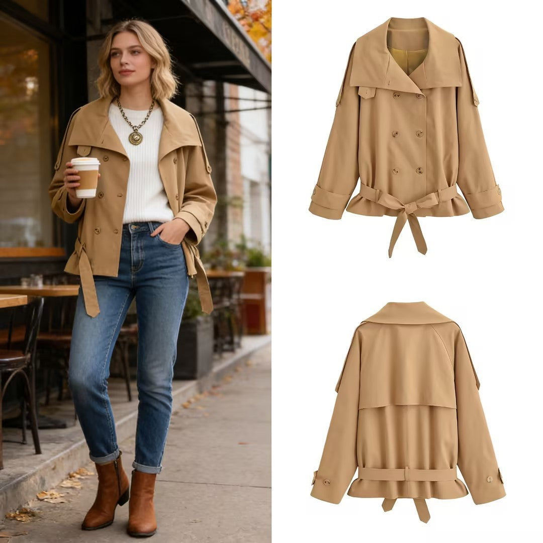 Women's Short Trench Coat with Cap Collar, Shoulder Tabs and Bow Tie Waist Belt Chichicherry