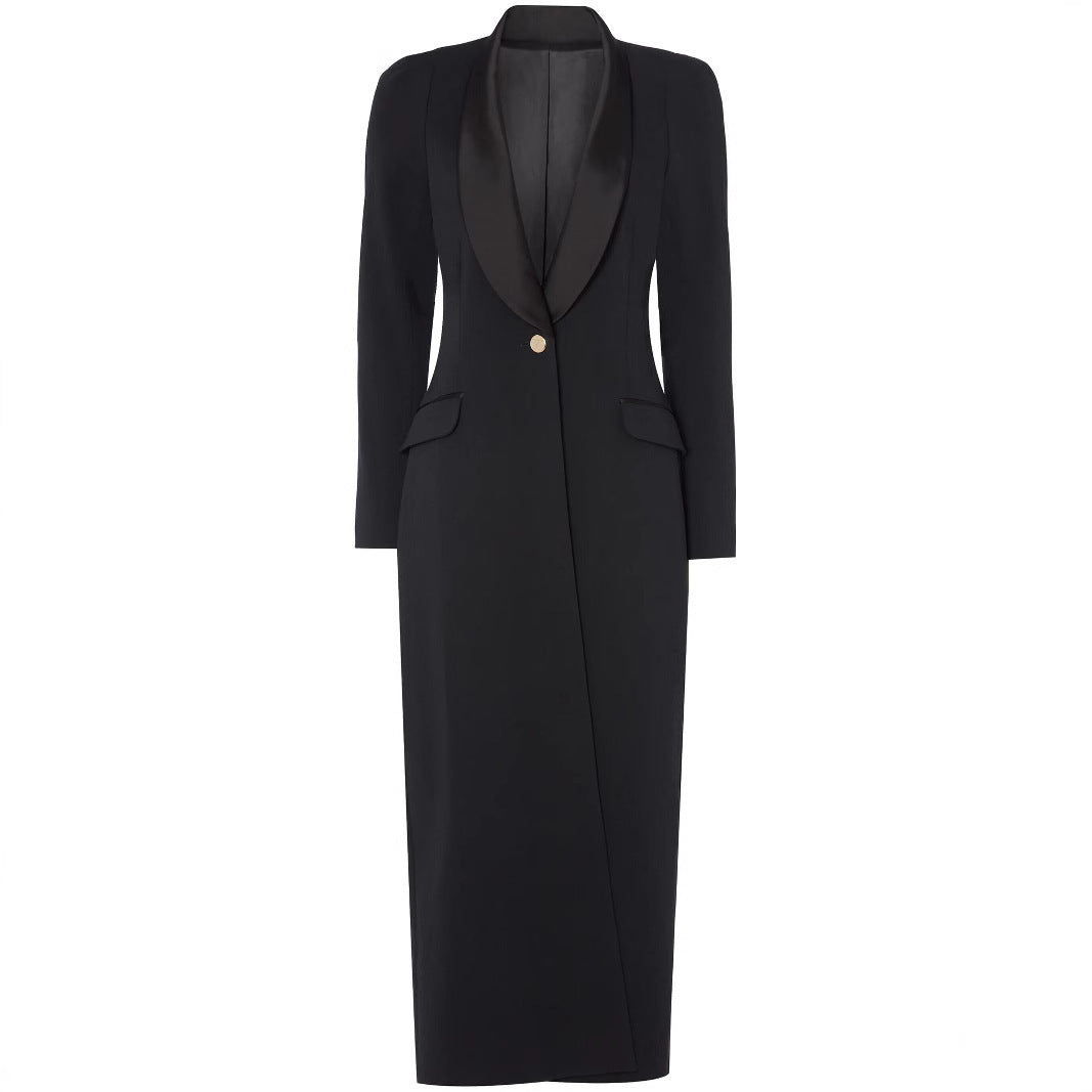 Women's max dress in tuxedo blazer style with shawl collar and single-button closure Chichicherry