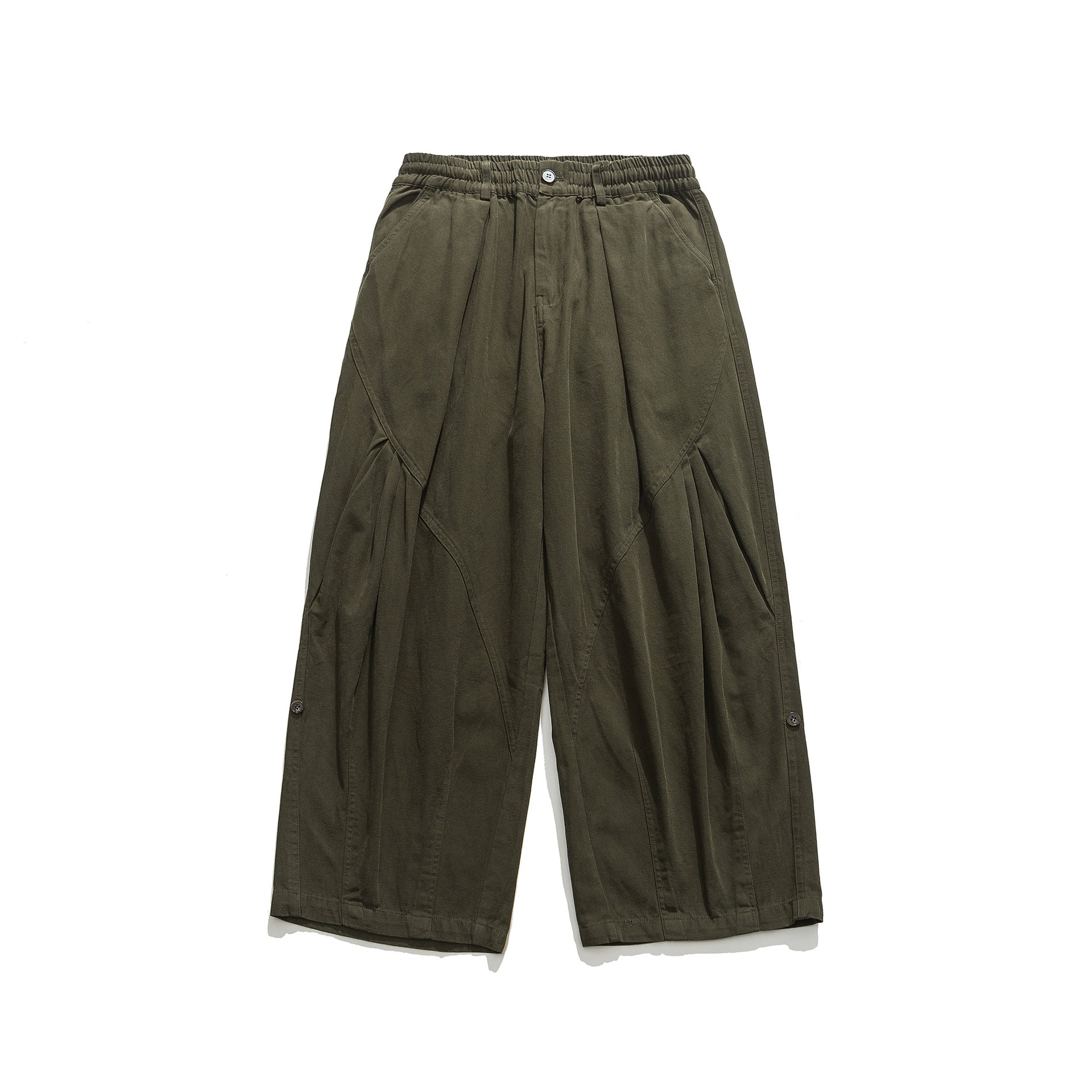 Women's wide utility cargo pants with elastic waistband and decorative pleats