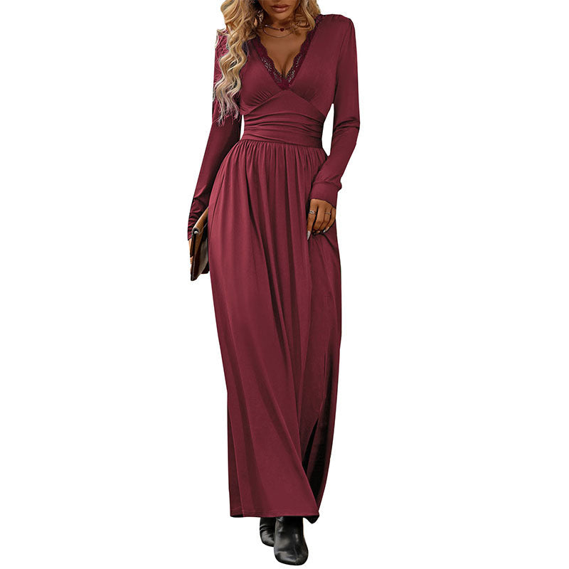 Ladies Flowing Maxi Dress with Lace V-neck, Wrap Waist and Side Slit Chichicherry