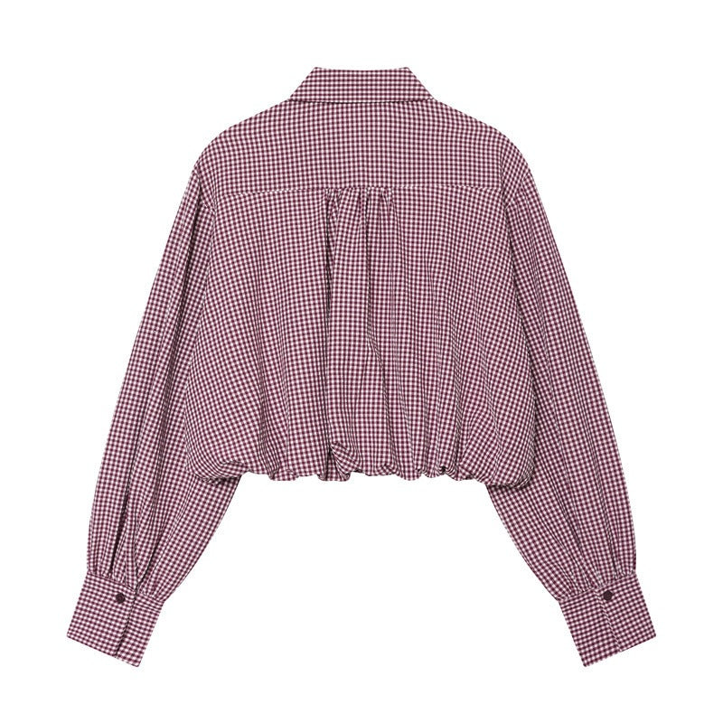 Women Checked Cropped Blouse with Elastic Hem Chichicherry