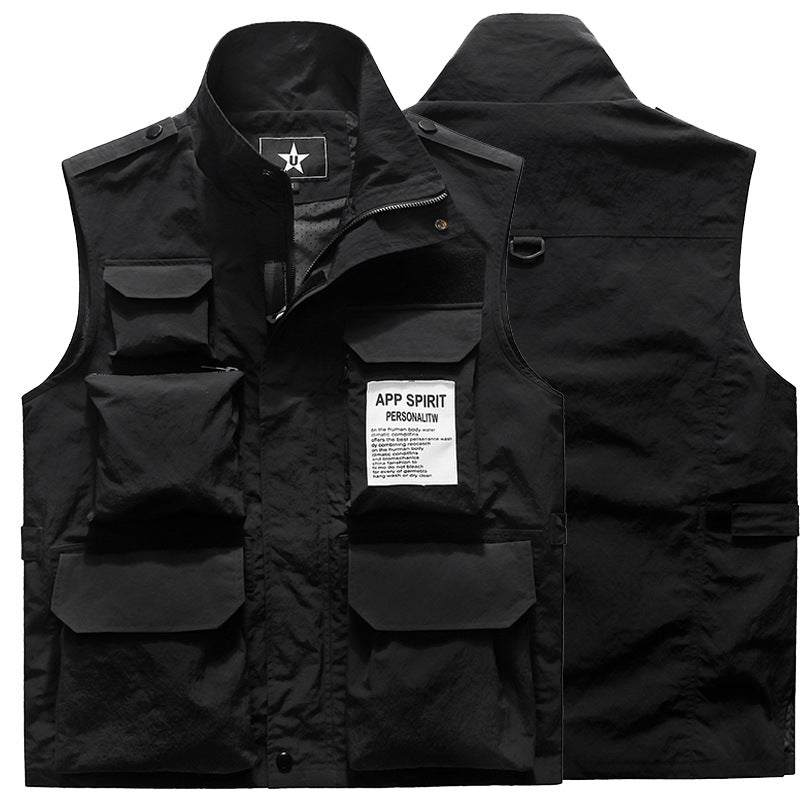 Men's Multifunctional Utility Vest with Multiple Pockets and Stand-Up Collar Chichicherry