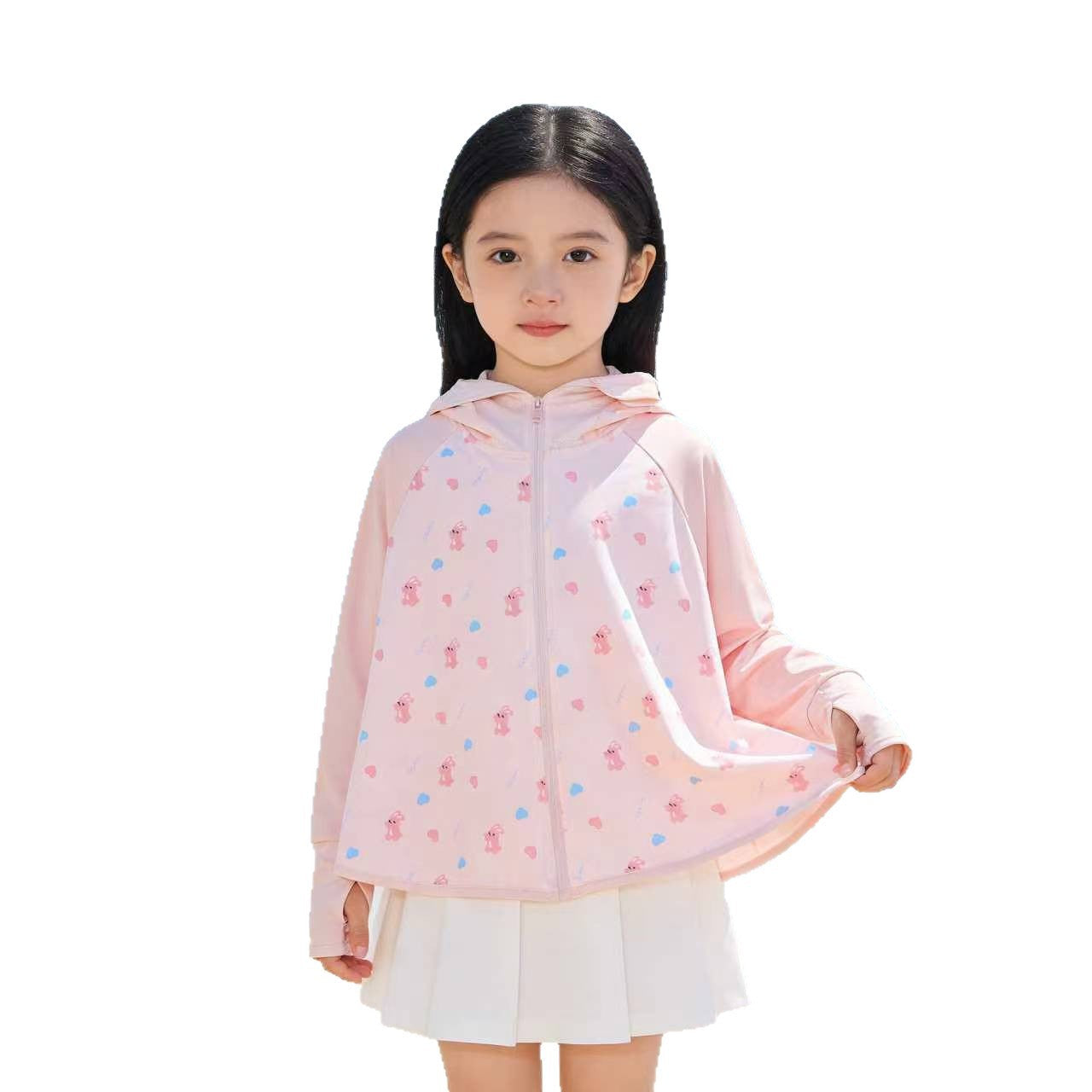 Unisex nan UV protection hooded cape for children with asymmetric A-line cut and rabbit print Chichicherry