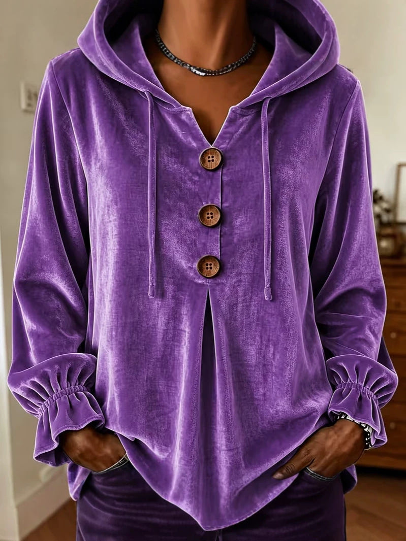 Women Velvet Hooded Blouse with Decorative Button Placket, Front Pleat and Gathered Cuff Sleeves Chichicherry