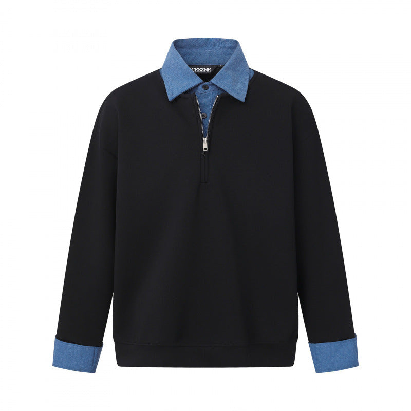 Unisex Oversize-Halfzip-Sweatshirt with contrasting shirt collar and denim cuffs Chichicherry