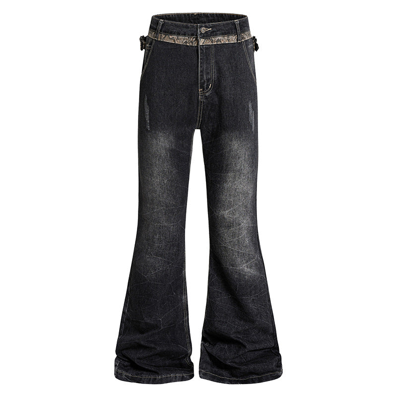 Women's High Waisted Flared Jeans with Adjustable Hip Straps and Vintage Wash Chichicherry