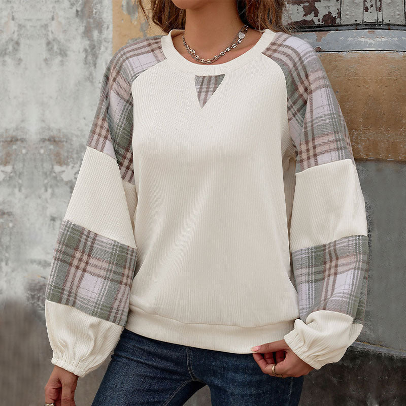Women Oversize Long Sleeve with Checked Chiffon Raglan Sleeves and Gathered Cuffs Chichicherry