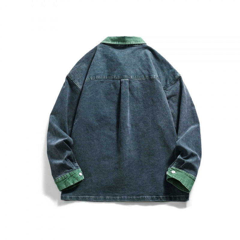 Men's Oversize Denim Shirt Jacket with Contrast Collar, Frayed Chest Pocket, and Casual Boxy Silhouette Chichicherry