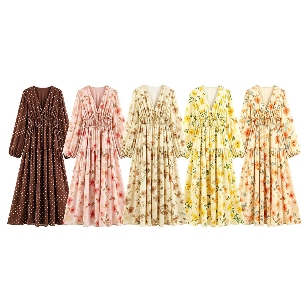 Women's Airy Chiffon Midi Dress with Deep V-Neck, Ruffled Smock Waist, and Flounce Layers Chichicherry