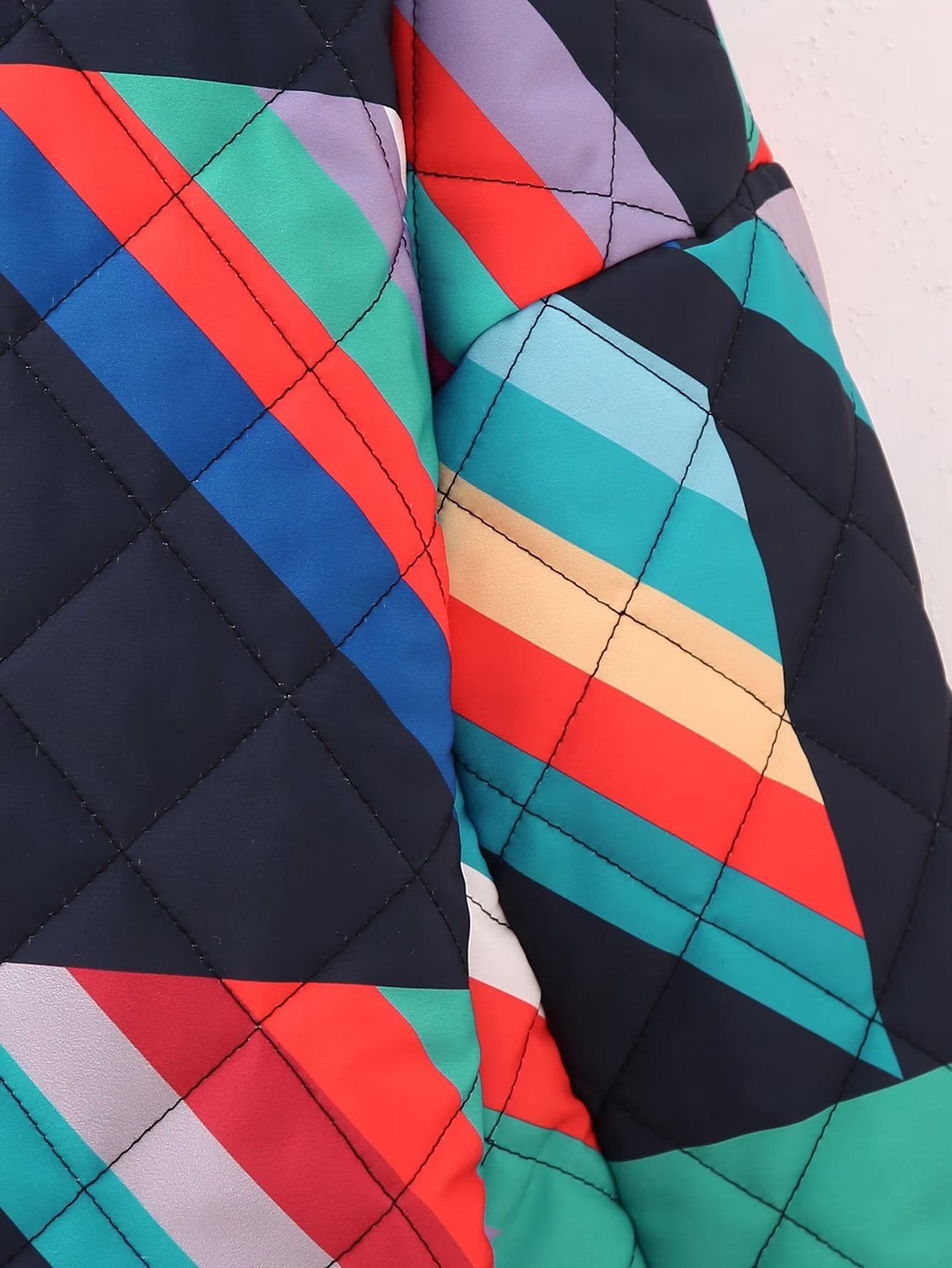 Women's Padded Kimono Jacket with Geometric Color Block Print and Open Front Chichicherry