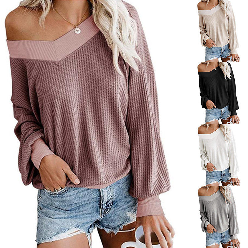 Women's Loose Waffle Knit Sweater with Asymmetrical Off-the-Shoulder Neckline and Balloon Sleeves Chichicherry