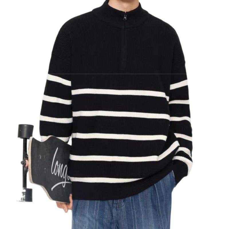 Unisex Oversize Strickpullover mit halbem Reißverschluss, maritimen Kontraststreifen und strukturierter Rippoptik Chichicherry